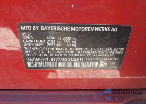 2021 BMW 330I z USA, uszkodzony, nr VIN 3MW5R1J07M8C04691